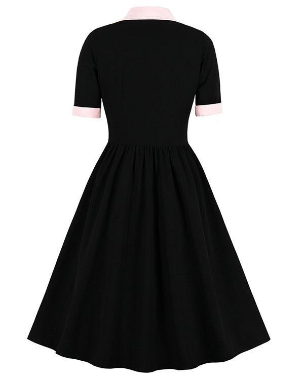 vintage contrast pink &amp; black elegant button midi dress a-line dress