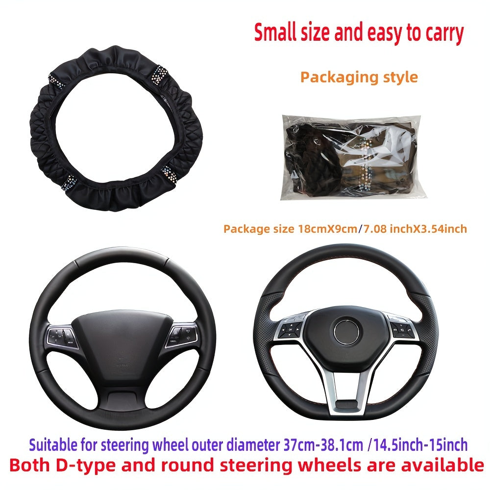 Car Pu Leather Steering Wheel Cover, 14.57-14.96inch Artificial Diamond, Steering Wheel Cover