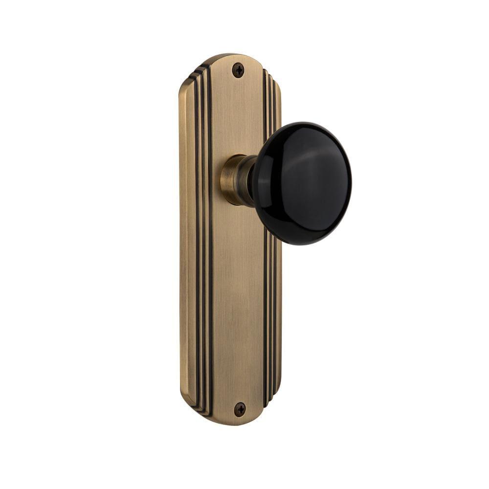 Deco Plate 2-3/4 in. Backset Antique Brass PassaHall/Closet Black Porcelain Door Knob