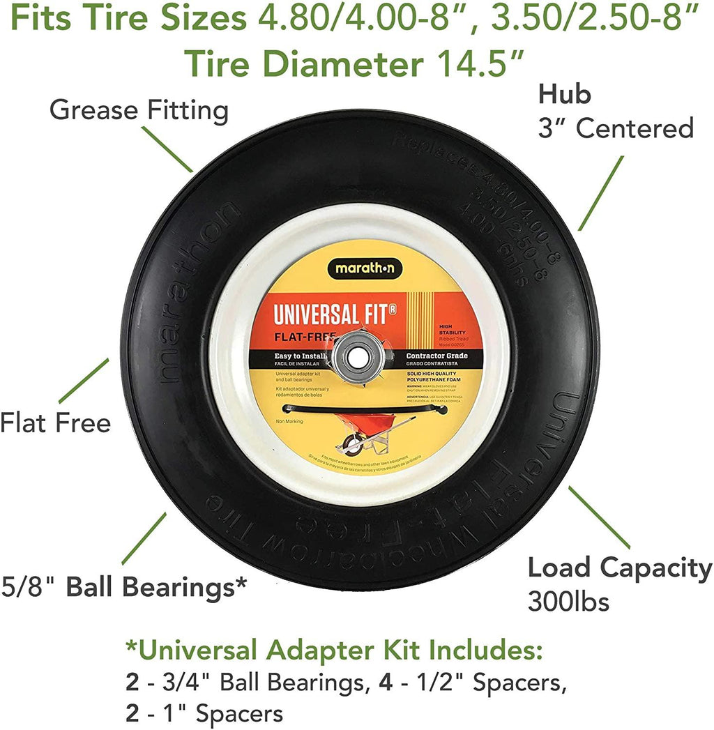 Flat Free Tire Universal Wheelbarrow 14.5"D x 3.2"W, 5/8in Axle