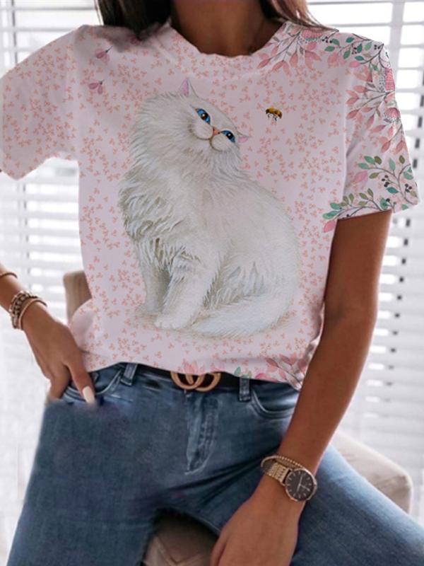 Ladies Short Sleeve Round Neck Cat Print T-shirt