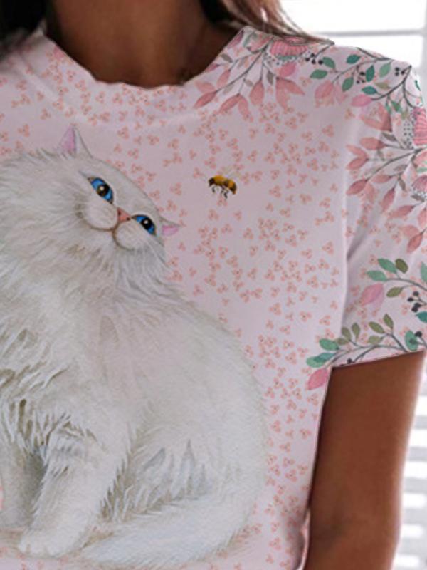 Ladies Short Sleeve Round Neck Cat Print T-shirt