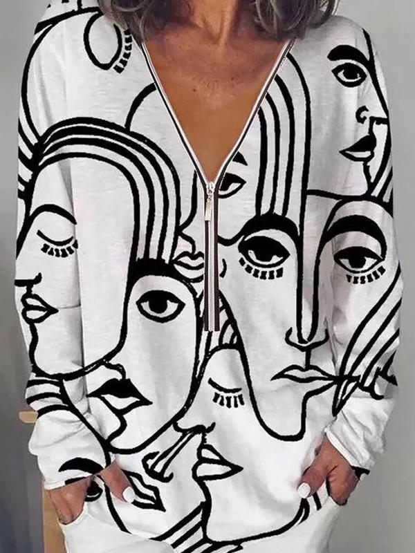 V-neck Geometric Casual Long-sleeved T-shirt