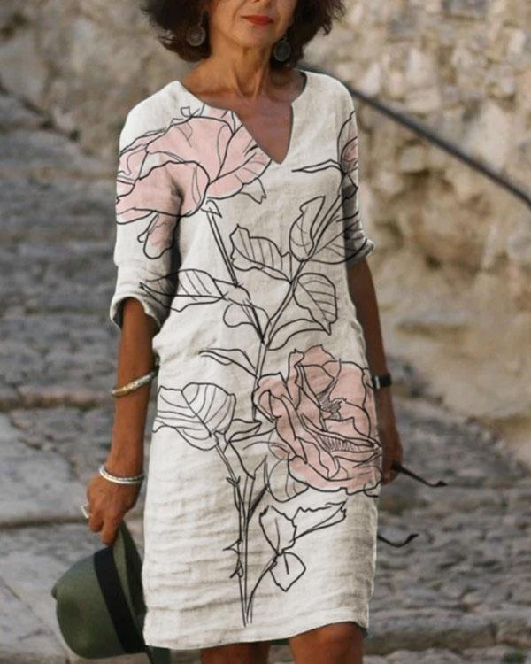 casual printed tunic v-neckline half sleeve shift dress