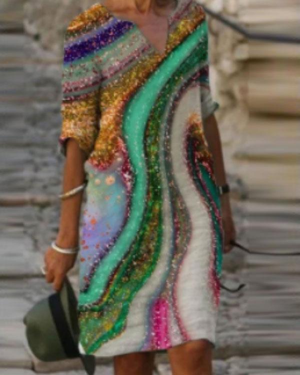 casual printed tunic v-neckline half sleeve shift dress