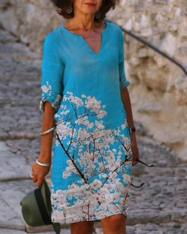 casual printed tunic v-neckline half sleeve shift dress