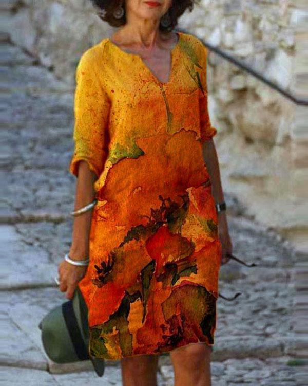 casual printed tunic v-neckline half sleeve shift dress