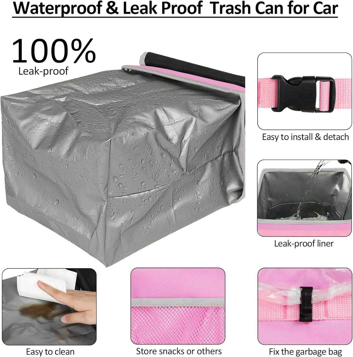 ELONGRIVER Car Trash Can Bin for Car Back Seat Leak Proof, Cute Car Trash Bag Hanging, Vehicle Trash Can for SUV Truck Van, Automotive Car Garbage Cans Front Seat Pink