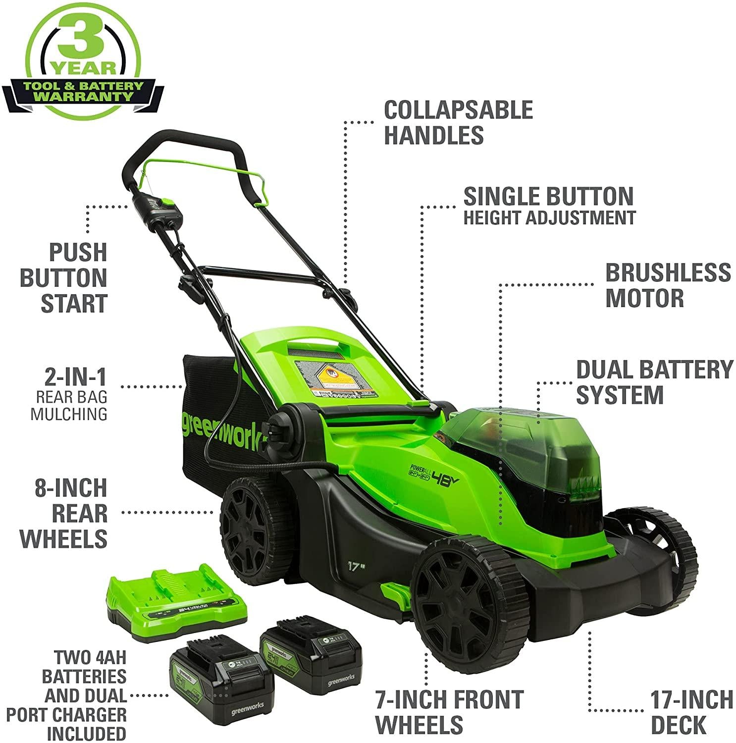 Greenworks 48V 17" Cordless Lawn Mower, (2) 4.0Ah USB Batteries (USB Hub) and Dual Port Rapid Charger Included (2 x 24V)
