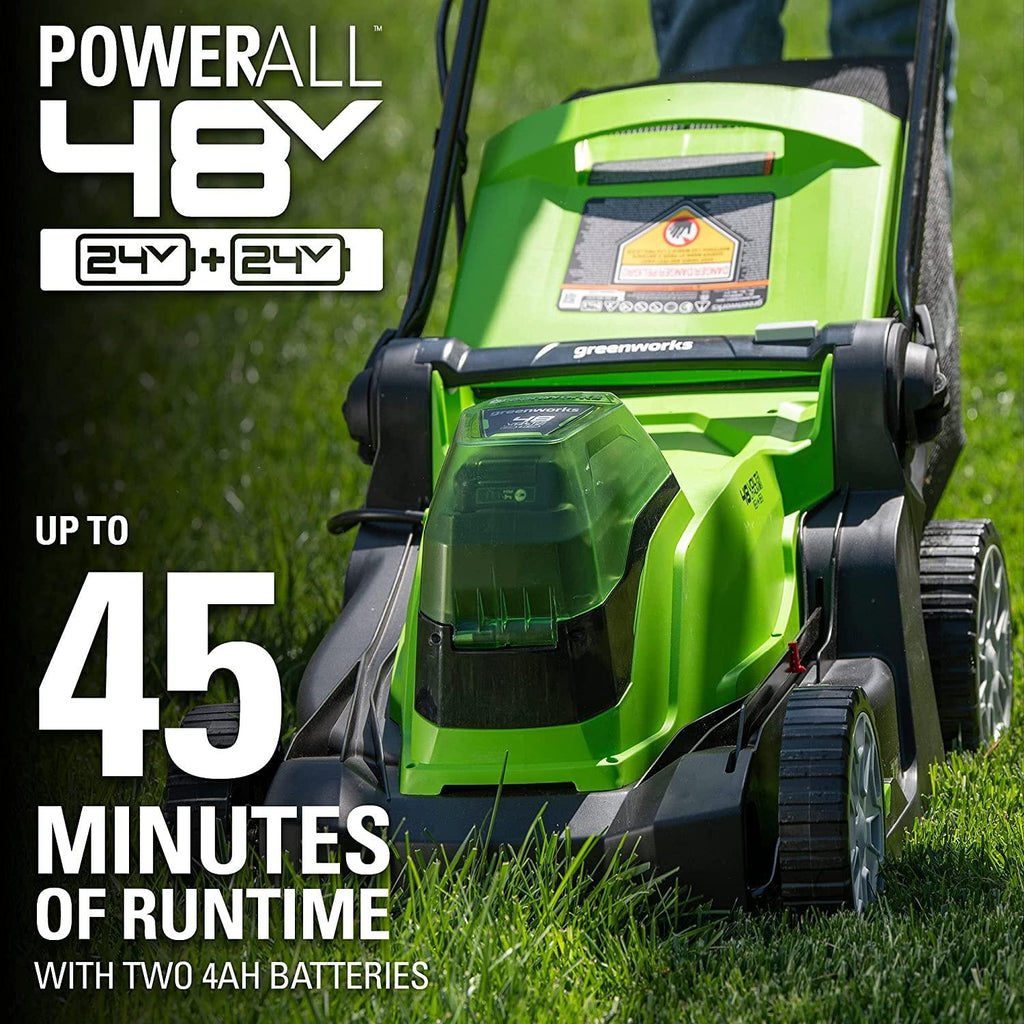 Greenworks 48V 17" Cordless Lawn Mower, (2) 4.0Ah USB Batteries (USB Hub) and Dual Port Rapid Charger Included (2 x 24V)