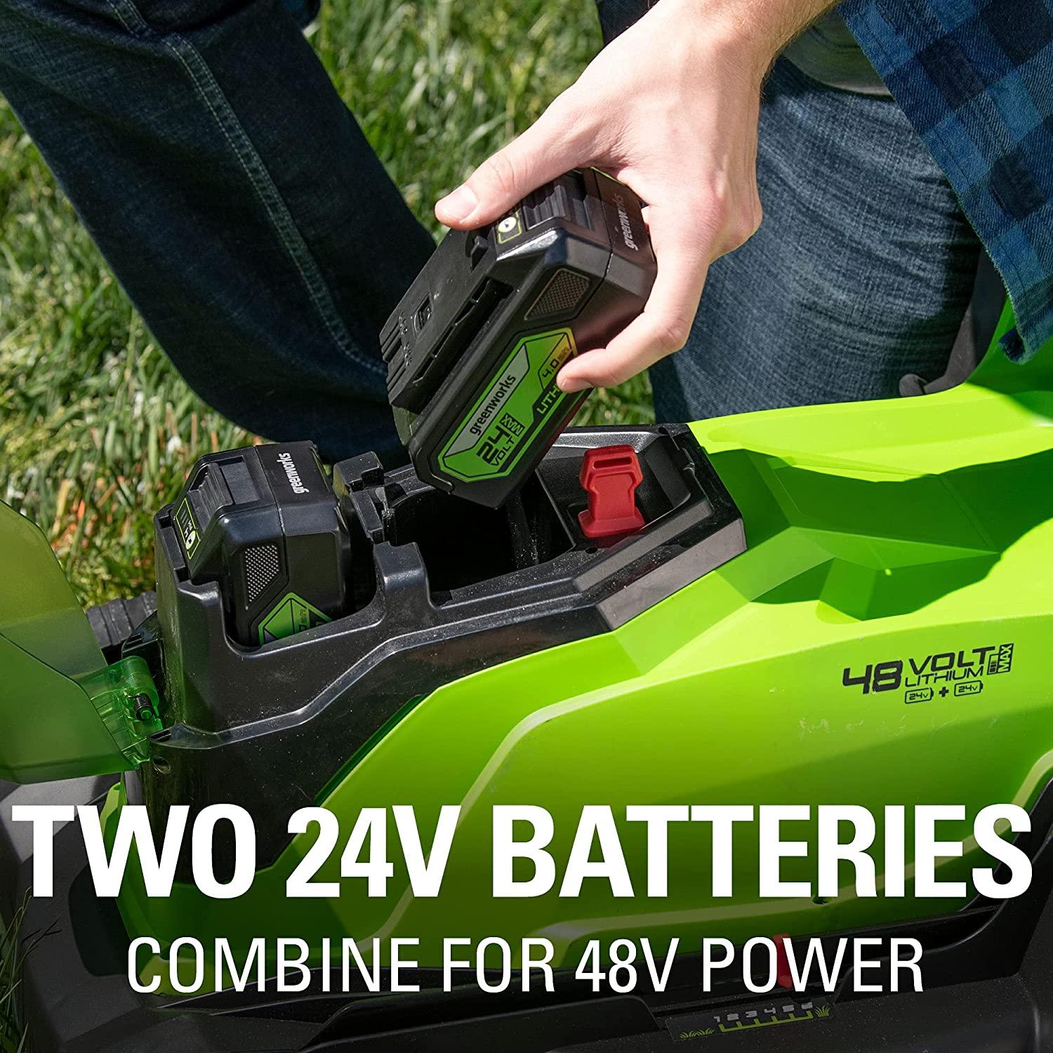 Greenworks 48V 17" Cordless Lawn Mower, (2) 4.0Ah USB Batteries (USB Hub) and Dual Port Rapid Charger Included (2 x 24V)