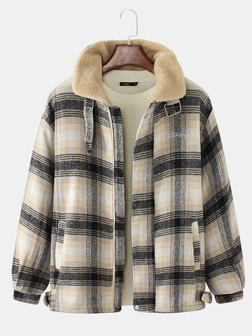 mens plaid thicken sherpa lined lapel cotton vintage overcoats with pocket