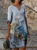 Fashion Textured Printed V-neck Short Sleeve Casual Shift Dress