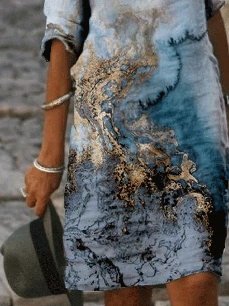 Fashion Textured Printed V-neck Short Sleeve Casual Shift Dress