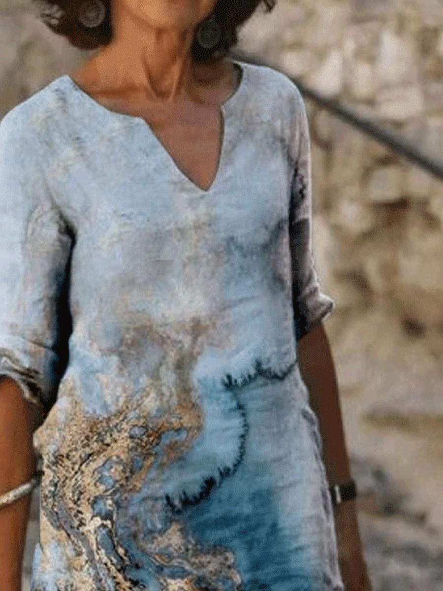 Fashion Textured Printed V-neck Short Sleeve Casual Shift Dress