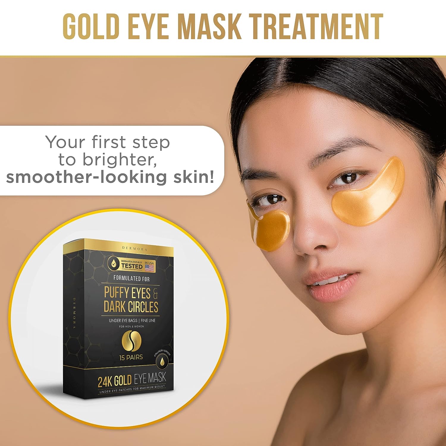 DERMORA Skin Treatment Mask 24K Gold Eye Mask - Rejuvenating Treatment for Dark Cirlce,Puffiness,Refresh,Revitalizing,Wrinkles - 30 Pairs Eye Gels