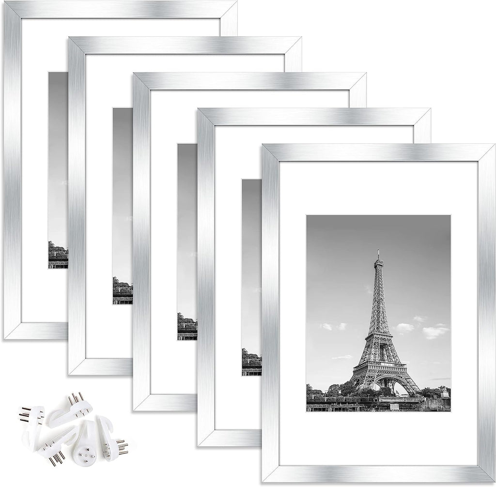 upsimples 8x12 Picture Frame Set of 5, Display Pictures 6x8 with Mat or 8x12 Without Mat, Wall Gallery Photo Frames, Silver