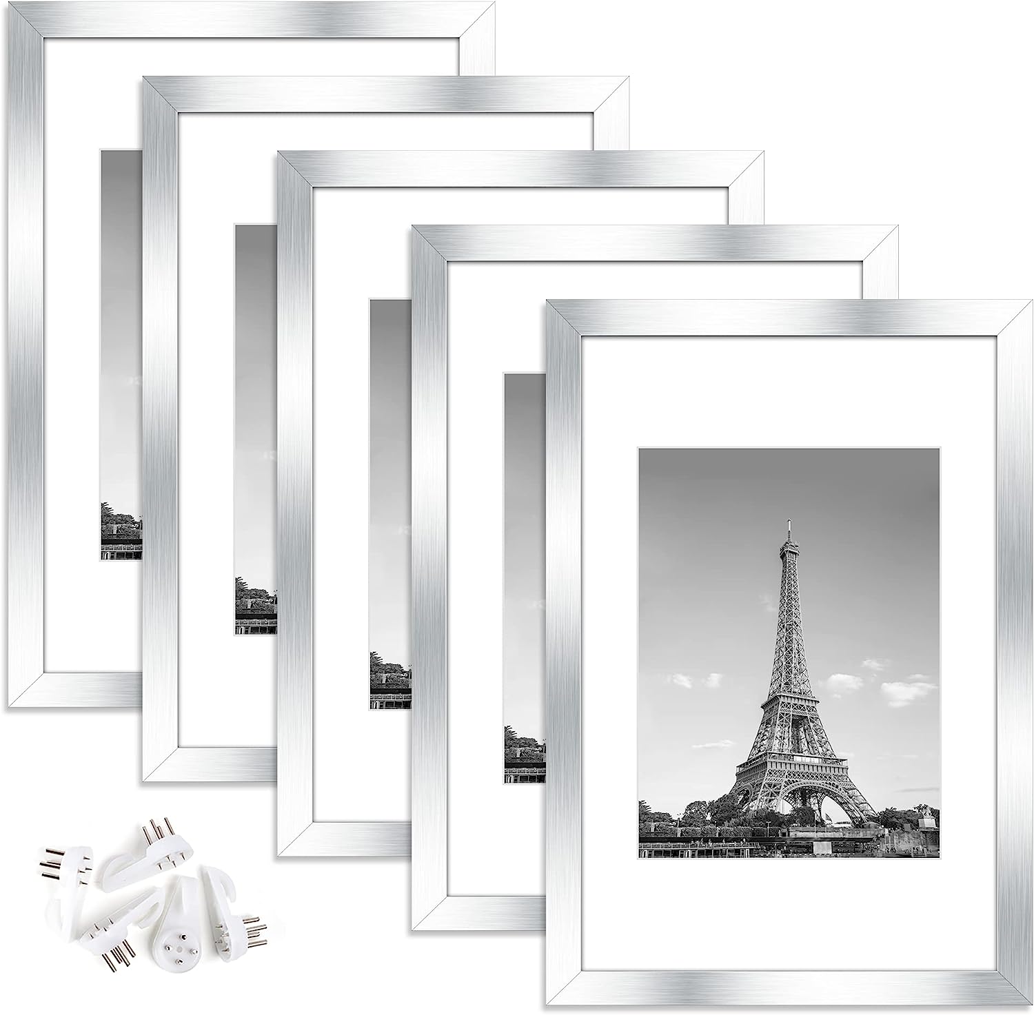 upsimples 8x12 Picture Frame Set of 5, Display Pictures 6x8 with Mat or 8x12 Without Mat, Wall Gallery Photo Frames, Silver