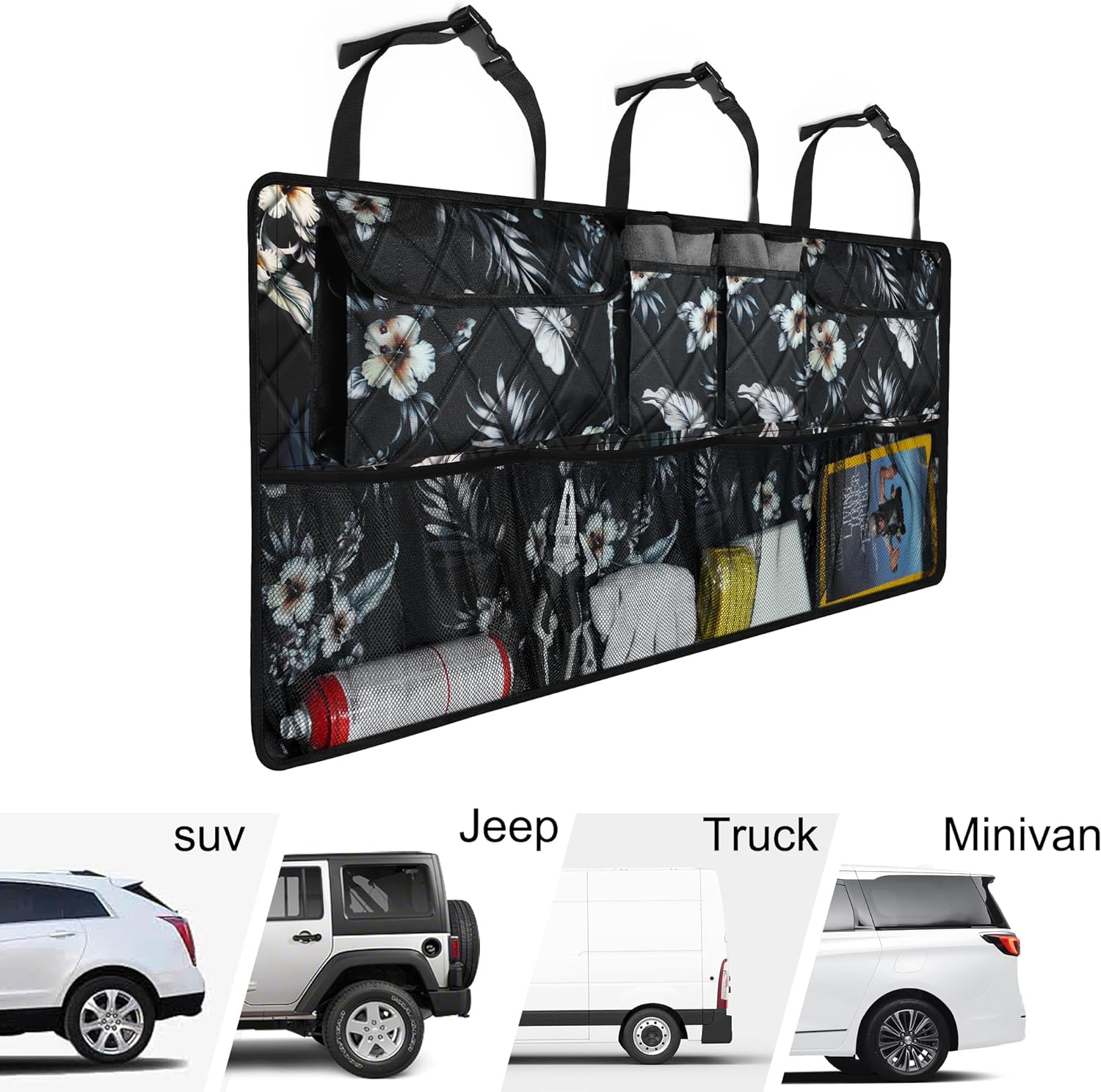 Femuar Car Trunk Organizer,Large Capacity Backseat Trunk Organizer(42"*18"),Collapsible Car Storage Bag with 8 Pocekt,Car Organizer for SUV/MPV/Truck - Hibiscus