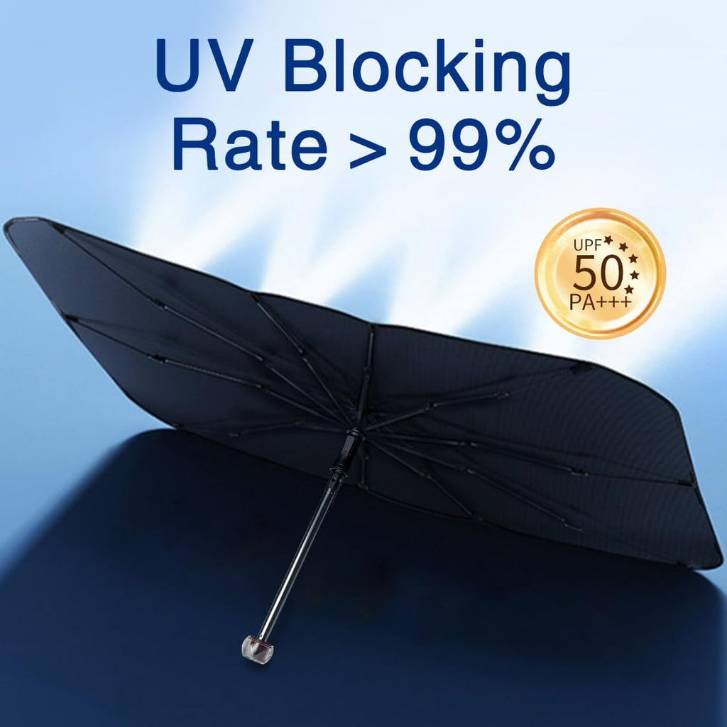 Windshield Sun Shade with 360° Rotating Shaft -Upgraded Car Sunshade with Window Breaker, Car Umbrella Sun Shade Cover for UV Protection