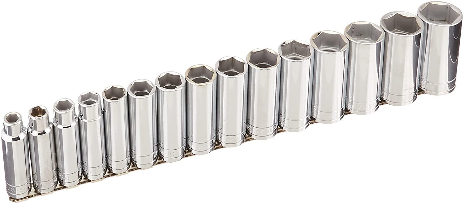 SK Hand Tool 4815-6 6 Point Drive Deep Fractional Set Socket, 1/2-Inch, Chrome, 15-Piece