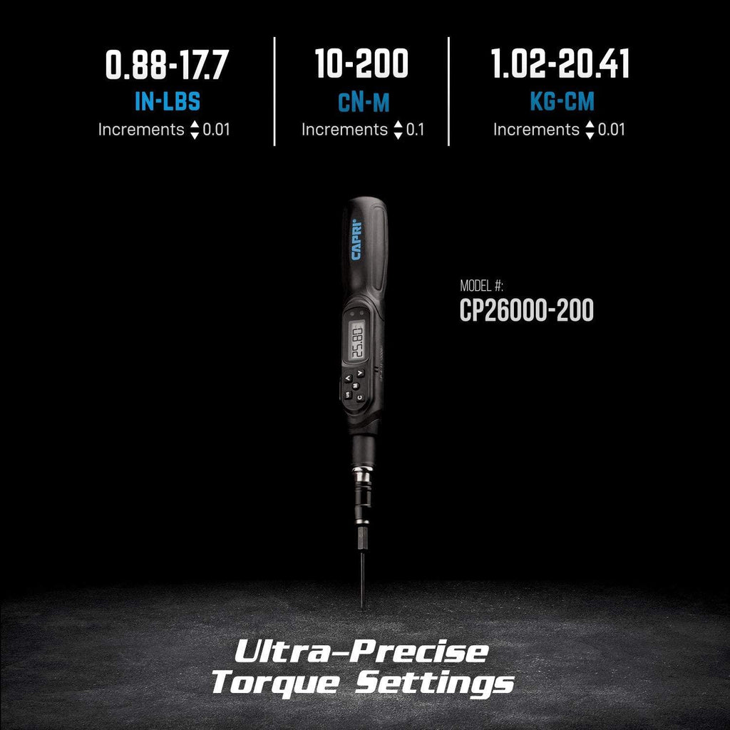 Capri Tools Digital Torque Screwdriver, Dual Direction, 0.88-17.7 in. lbs./10-200 cNm/1.02-20.41 kg-cm (CP26000-200)