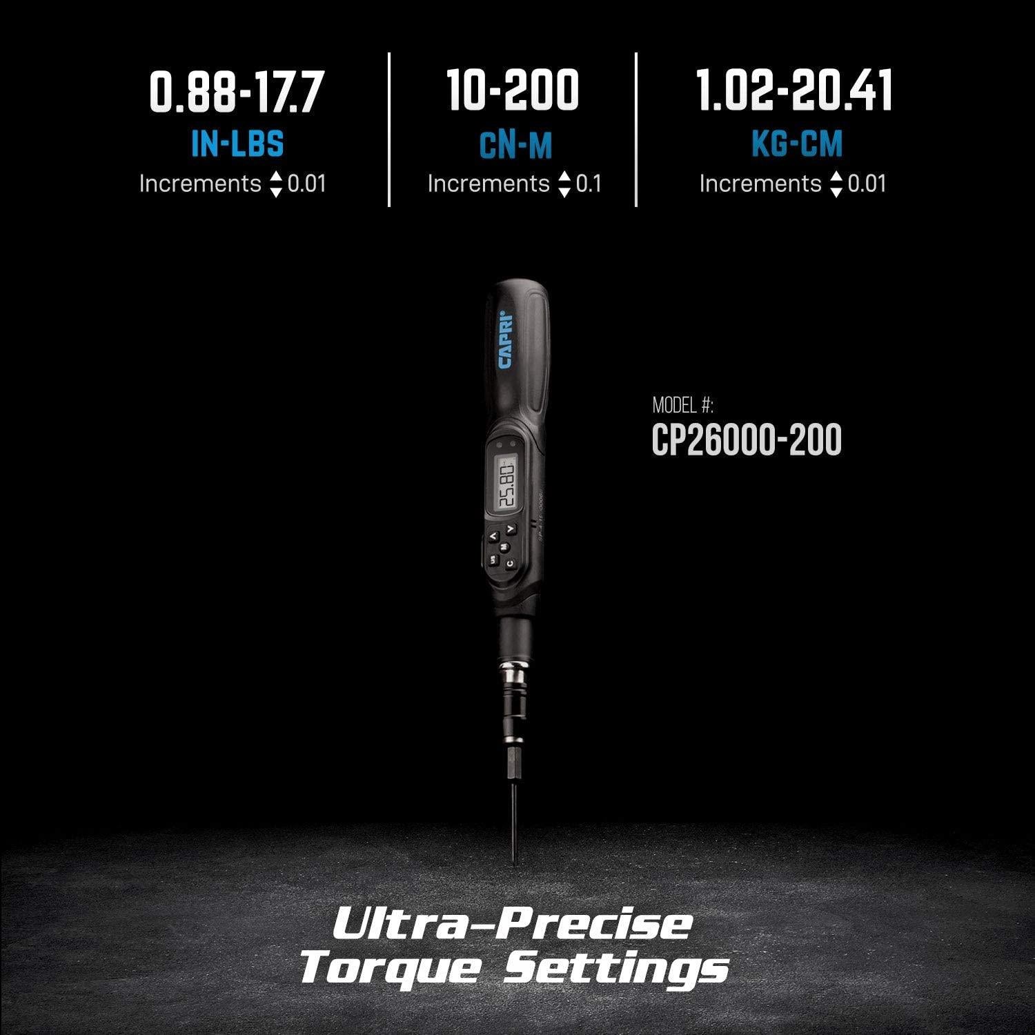 Capri Tools Digital Torque Screwdriver, Dual Direction, 0.88-17.7 in. lbs./10-200 cNm/1.02-20.41 kg-cm (CP26000-200)