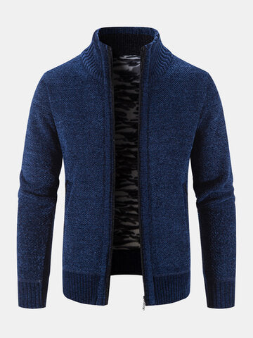 mens plain chenille knit stand collar zipper warm cardigans with pocket