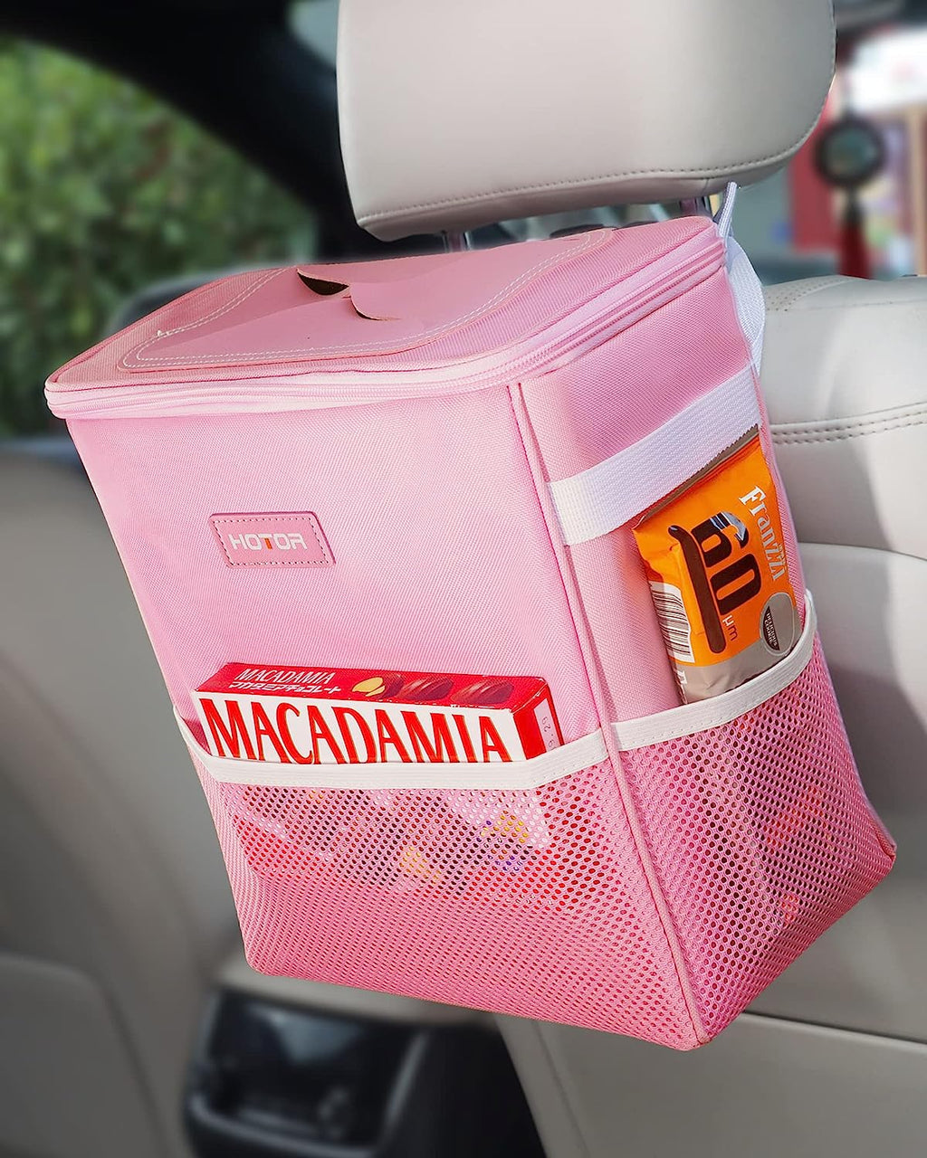 HOTOR Car Trash Can, 3-Gallon Ultra-Large Car Garbage Can, 100% Leakproof &amp; Waterproof Trash Can for Car, Multipurpose Car Trash Bin with Adjustable Straps, Magnetic Buckles, Mesh Pockets (Pink)