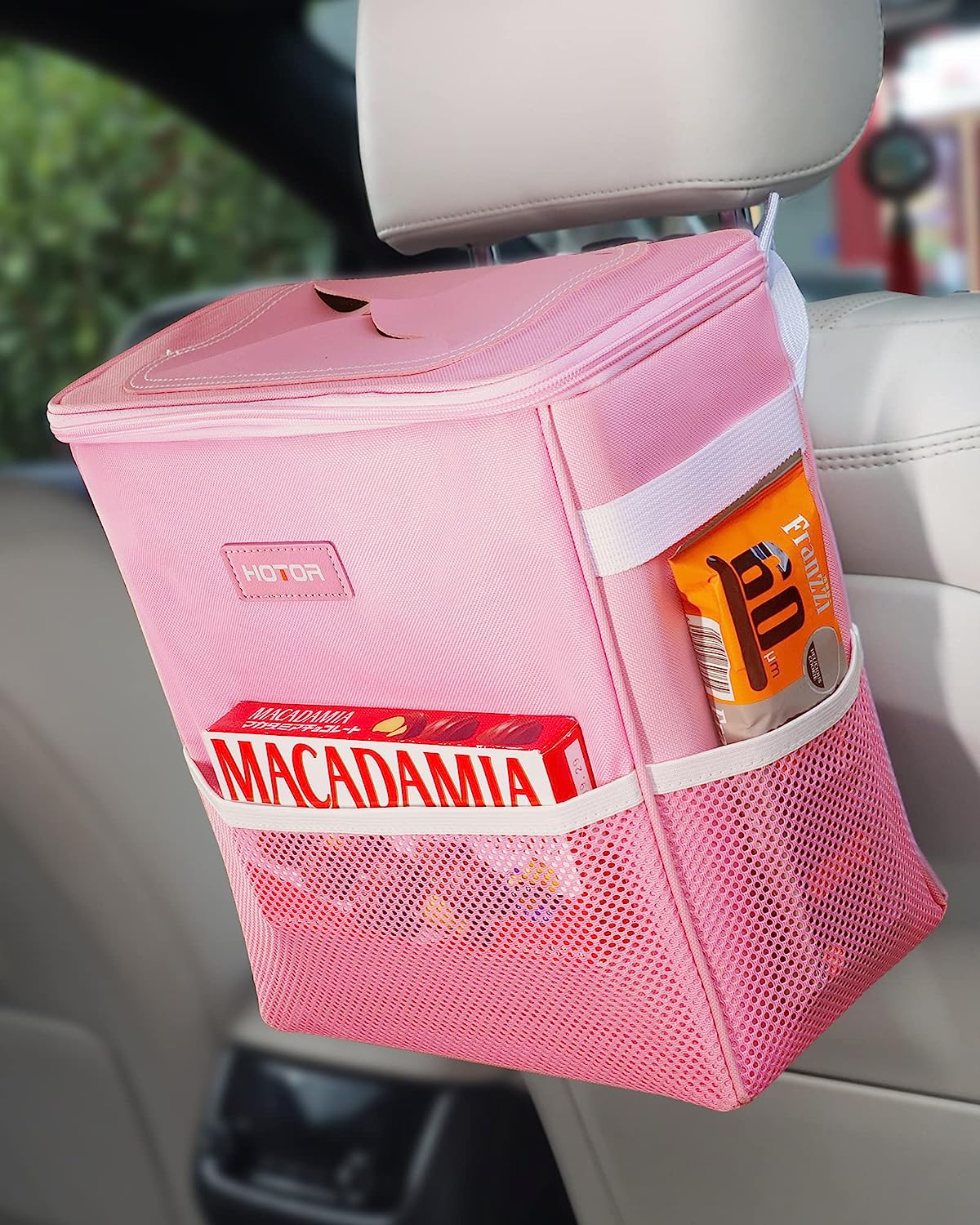 HOTOR Car Trash Can, 3-Gallon Ultra-Large Car Garbage Can, 100% Leakproof &amp; Waterproof Trash Can for Car, Multipurpose Car Trash Bin with Adjustable Straps, Magnetic Buckles, Mesh Pockets (Pink)