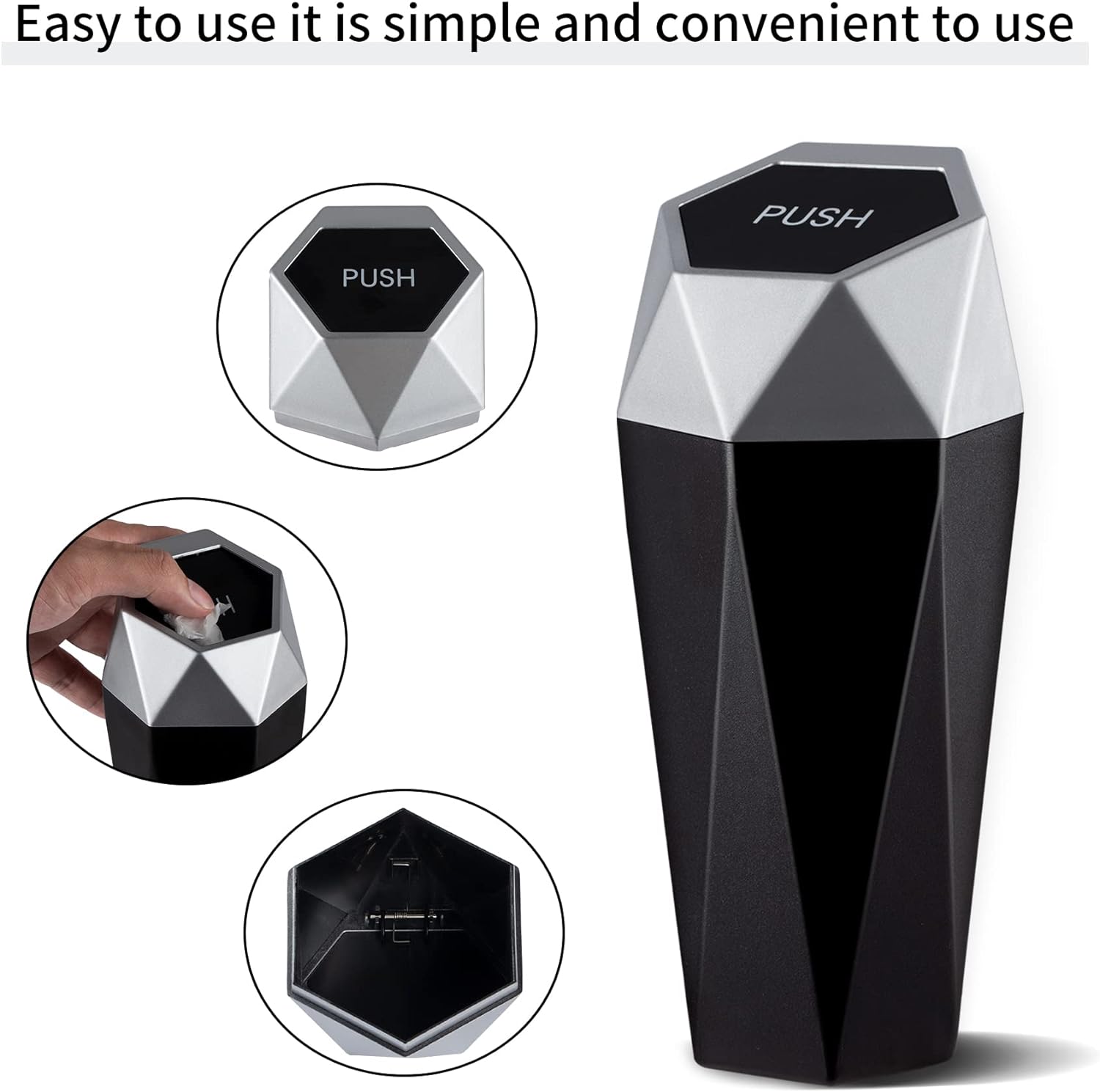 JUSTTOP Car Trash Can with Lid, Diamond  Small Automatic Portable Trash Can, Easy to Clean, Used in Car Home Office (Silver)