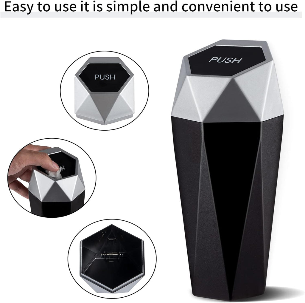 JUSTTOP Car Trash Can with Lid, Diamond  Small Automatic Portable Trash Can, Easy to Clean, Used in Car Home Office Interior Accessories, 2PCS(Silver)