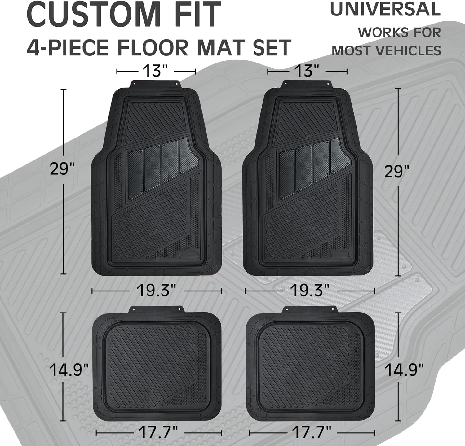 CAR PASS Heavy Duty Rubber Floor Mats 4-Piece Car Mat Set - Universal Waterproof Carbon Fiber Floor Mats for Car SUV Truck, Durable All-Weather Mats(Black)