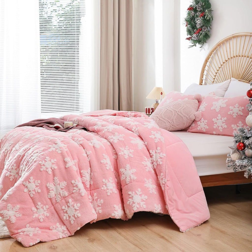 JANZAA Christmas Bedding Duvet Cover Queen Pink Duvet Cover Queen with White Snowflake Stereoscopic 3 Pieces with Zipper Closure 4 Ties Velvet and Soft