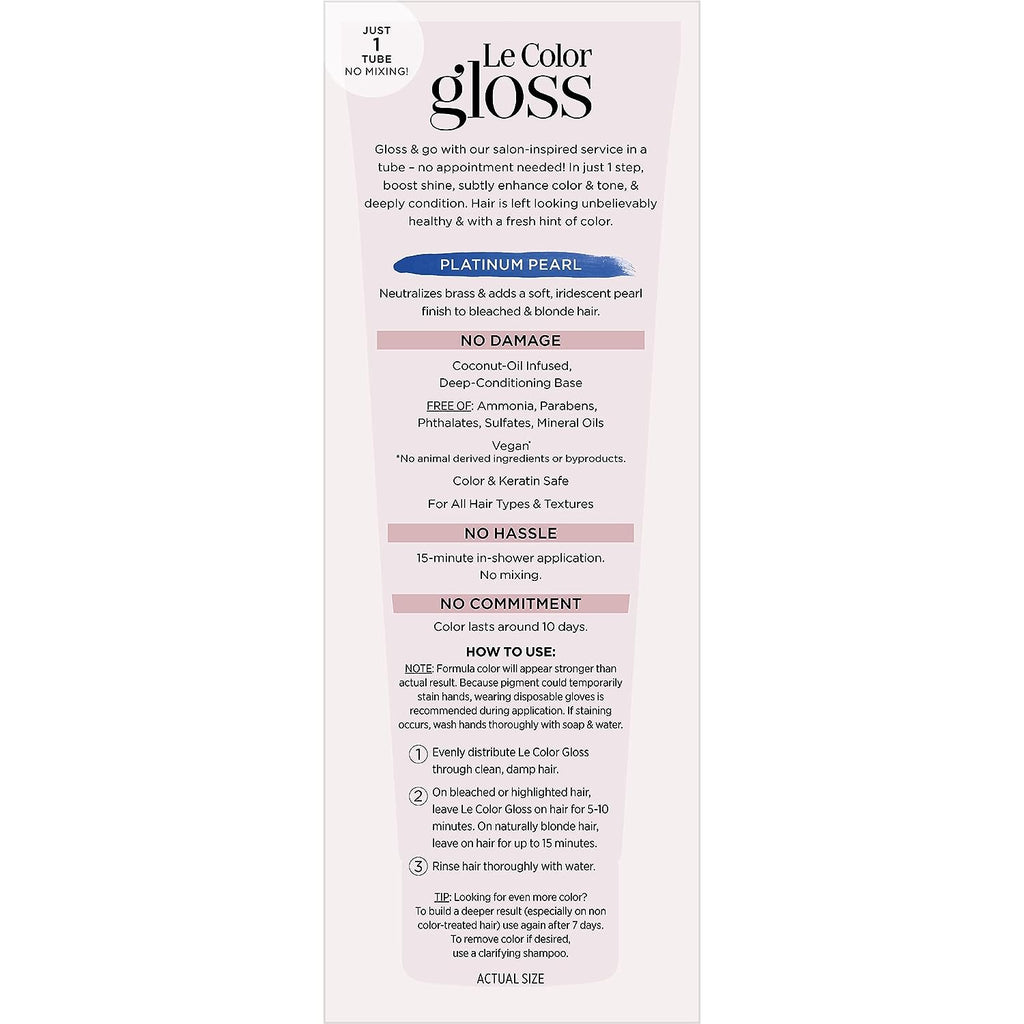 L’Oréal Paris Le Color Gloss One Step In-Shower Toning Hair Gloss for Bleached Hair, Neutralizes Brass, Conditions &amp; Boosts Shine, Platinum Pearl, 4 Ounce