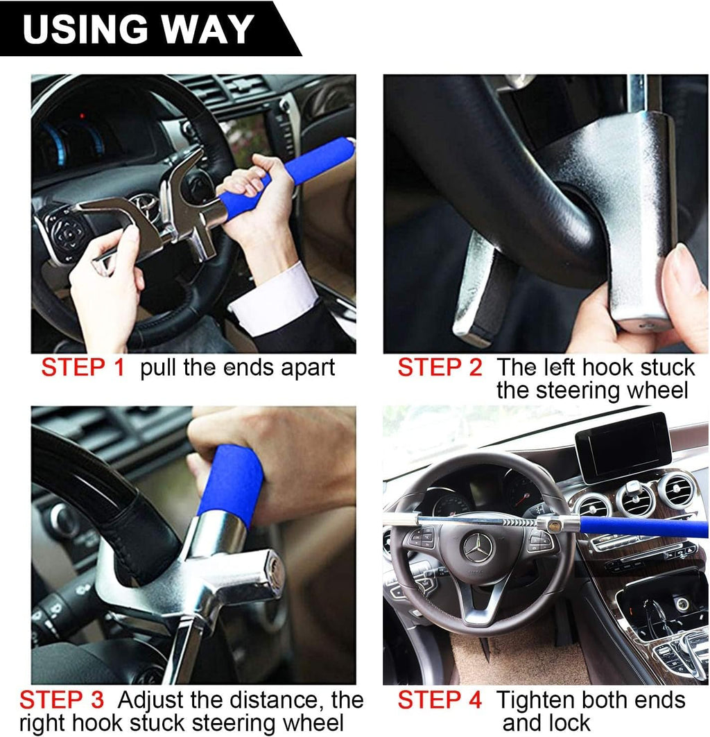 Tevlaphee Steering Wheel Lock Anti Theft Car Device Universal Car Theft Prevention Car Lock Adjustable Length Universal Fit Emergency Hammer Window Breaker Self Defense Heavy Duty Secure(Blue)