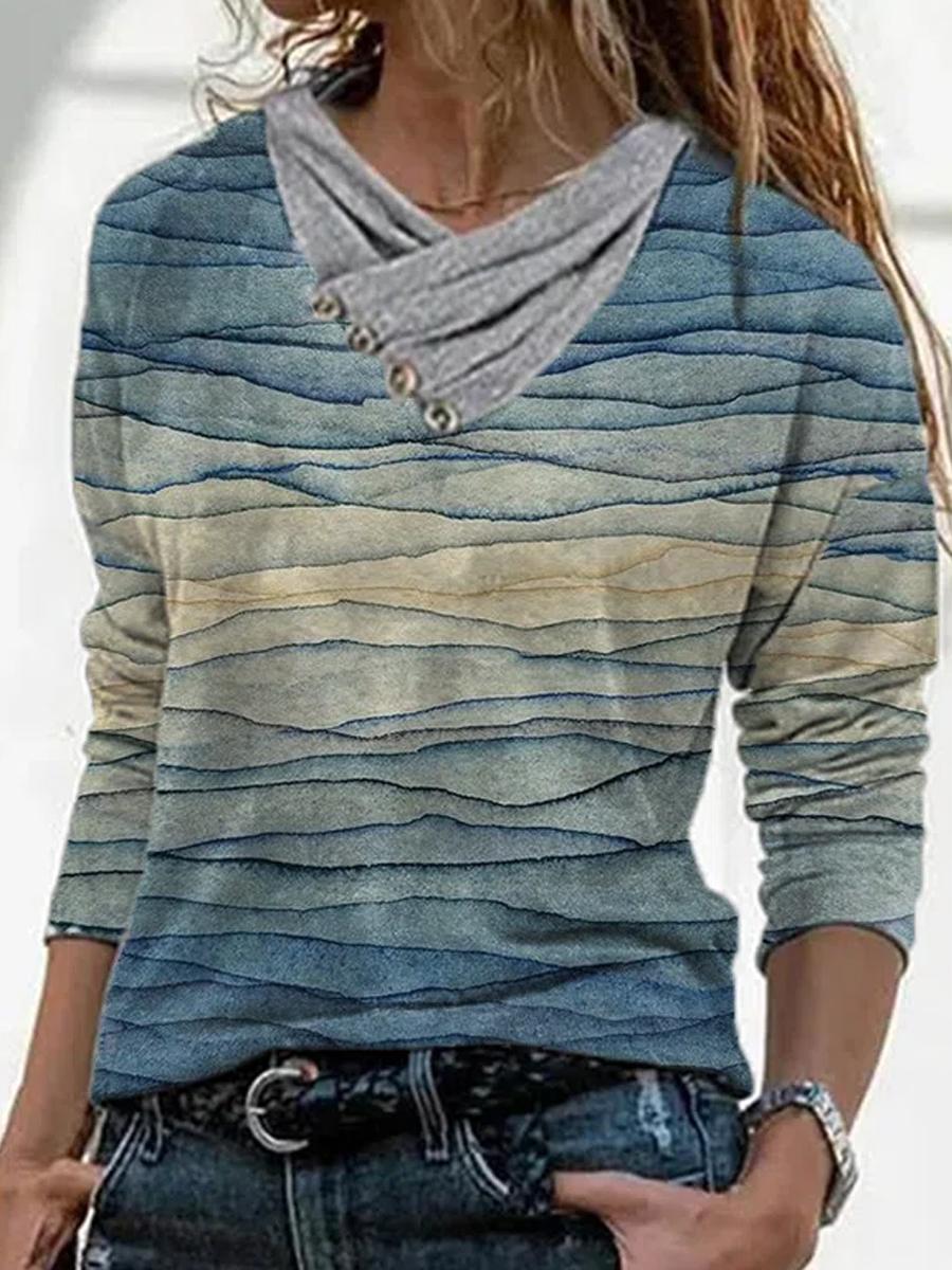 V-neck Floral Print Long-sleeved T-shirt