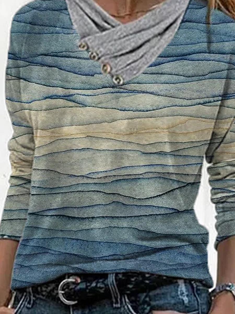 V-neck Floral Print Long-sleeved T-shirt