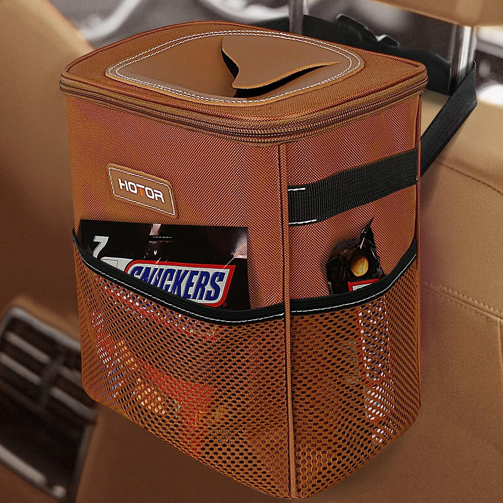 HOTOR Car Trash Can, Multifunctional Car Accessory for Interior Car Stuff Storage with Compact Design, Waterproof Car Organizer and Storage with Adjustable Straps, Magnetic Snaps (Brown)
