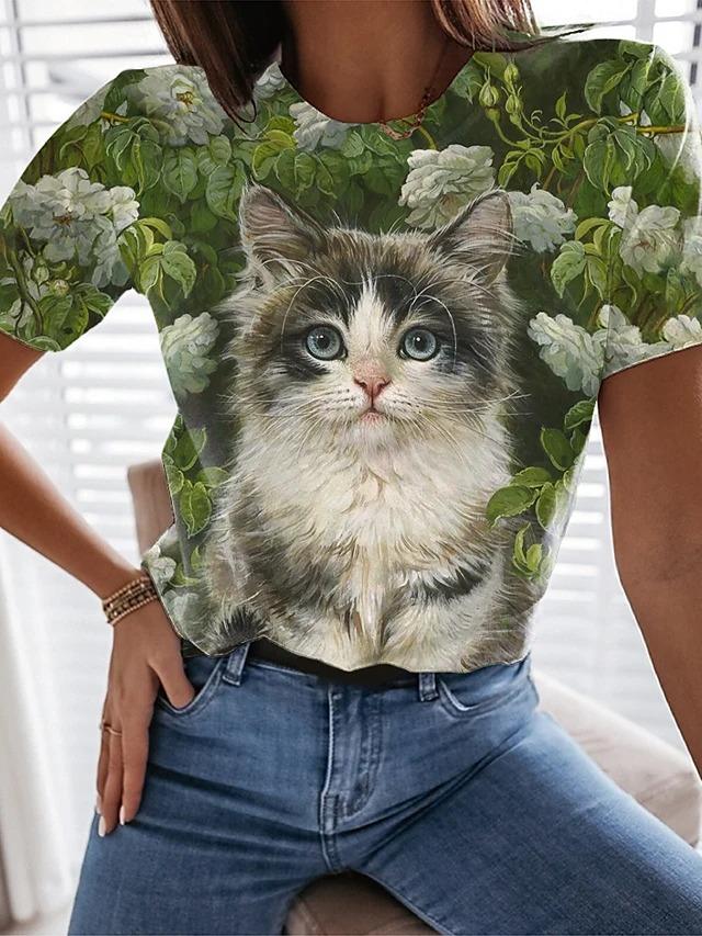 Cat Cute Round Neck Print Short-Sleeved T-Shirt