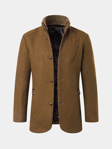 casual thick stand collar patchwork single breasted woolen coat for men