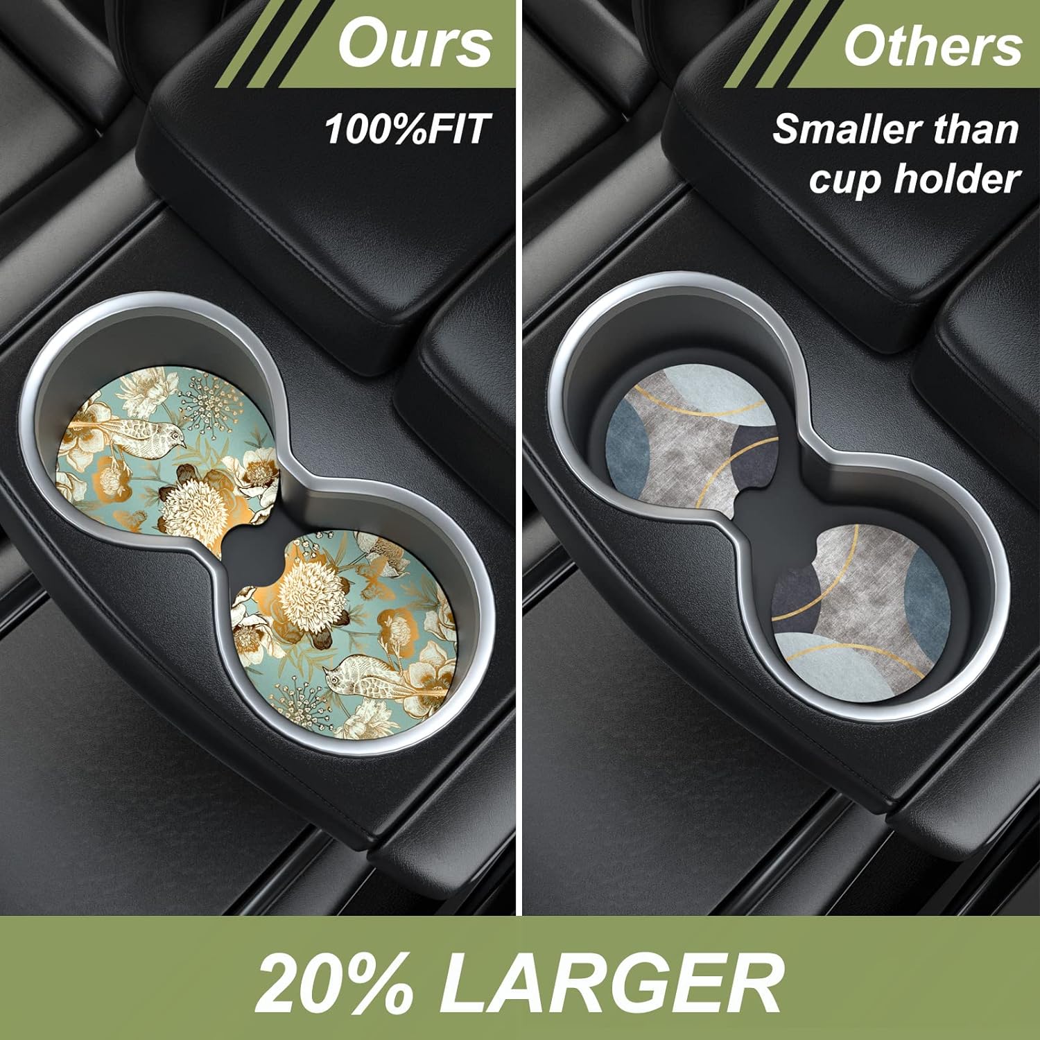 Nipichsha Car Cup Holder Coasters, Car Coasters for Cup Holders, 2 Pack Anti Slip Insert Coasters, Rubber Car Cup Mat with A Finger Notch, Cute Car Interior Accessories for Women Men(Birdsong Floral)
