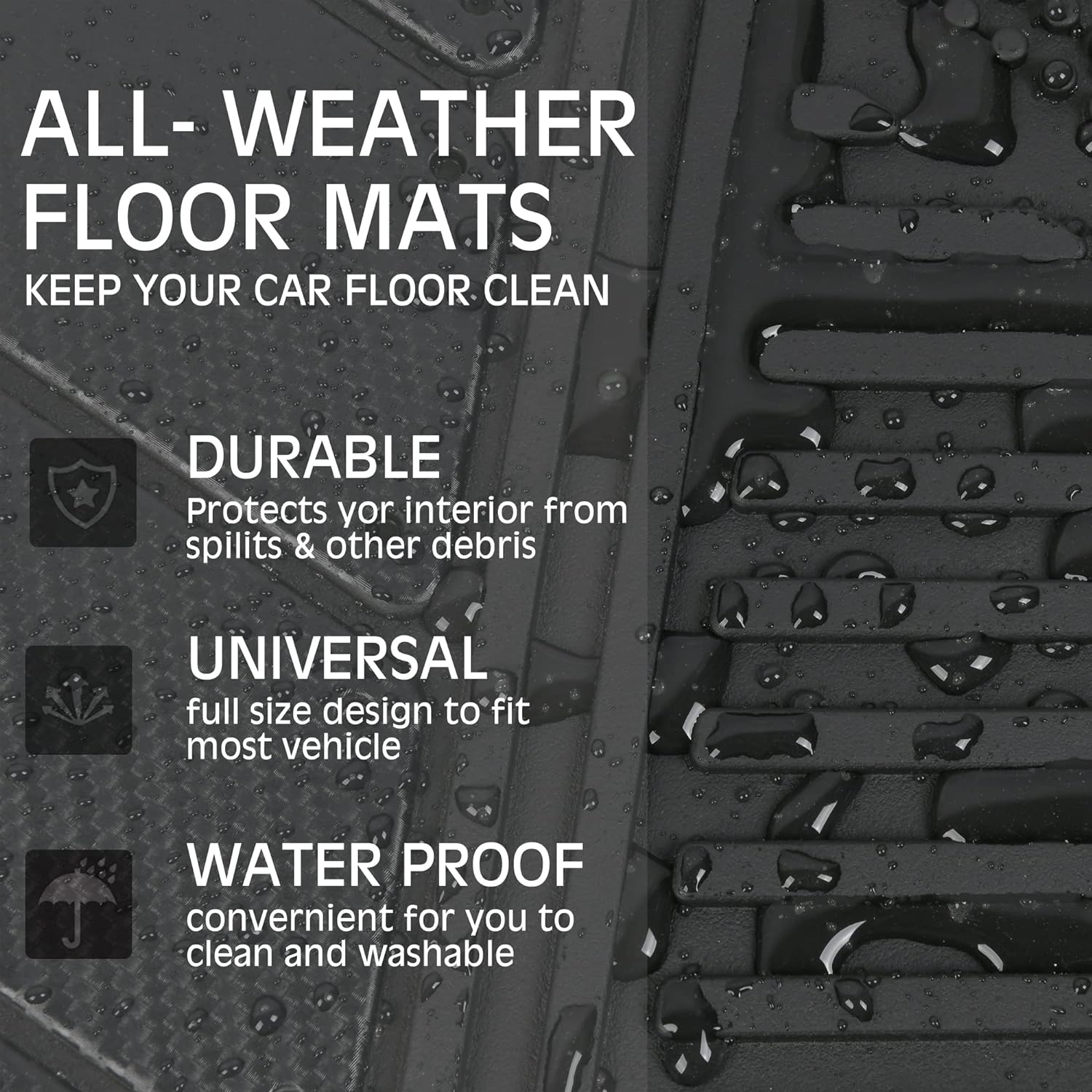 CAR PASS Heavy Duty Rubber Floor Mats 4-Piece Car Mat Set - Universal Waterproof Carbon Fiber Floor Mats for Car SUV Truck, Durable All-Weather Mats(Black)