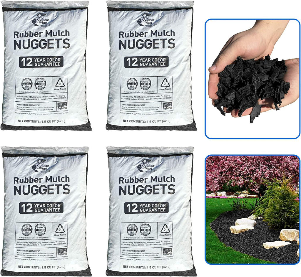 NuPlay Rubber Mulch Landscaping Bark – Rubber Nugget Weed Barrier Garden Ground Cover, 4 Pack, Black