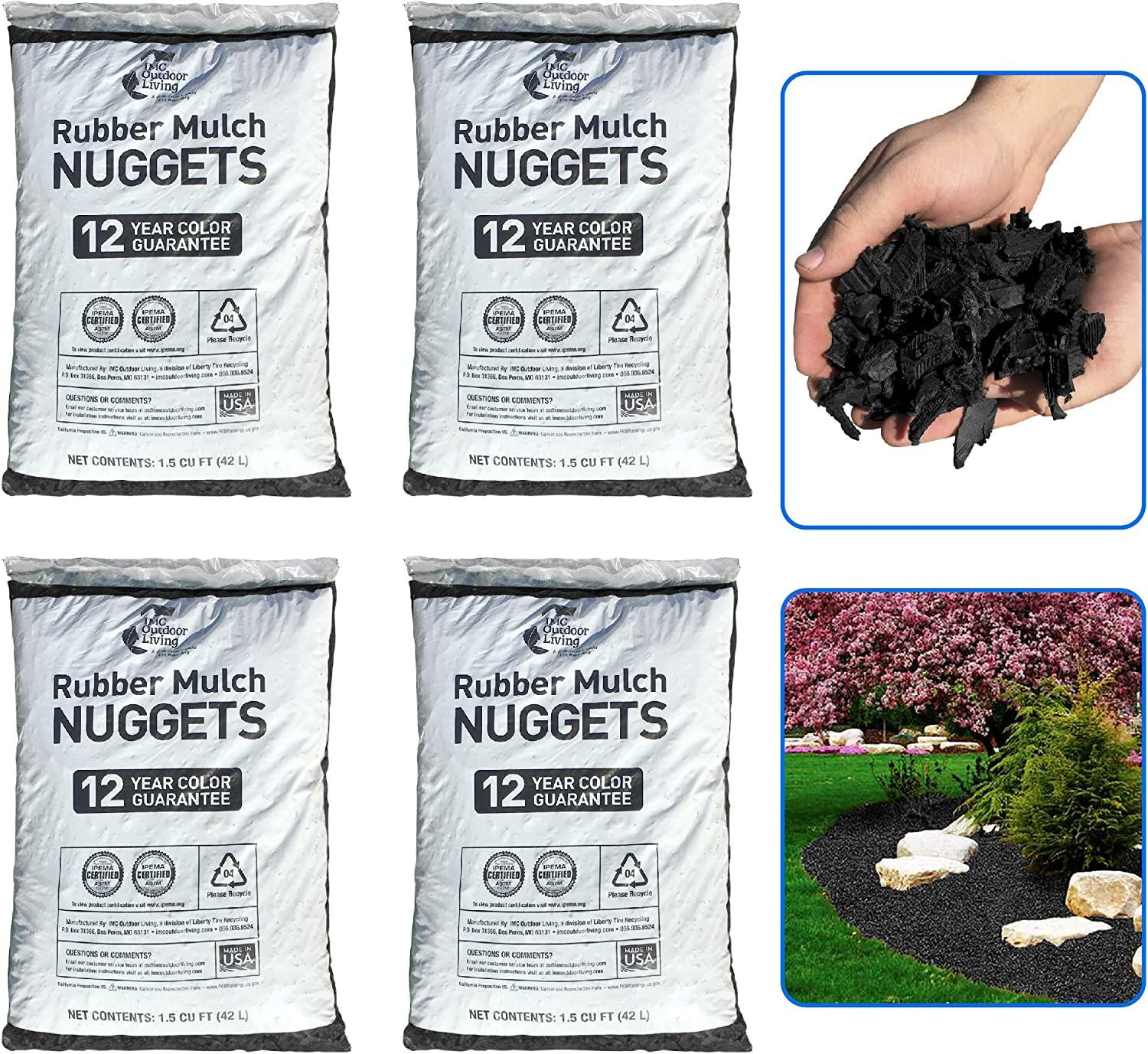 NuPlay Rubber Mulch Landscaping Bark – Rubber Nugget Weed Barrier Garden Ground Cover, 4 Pack, Black