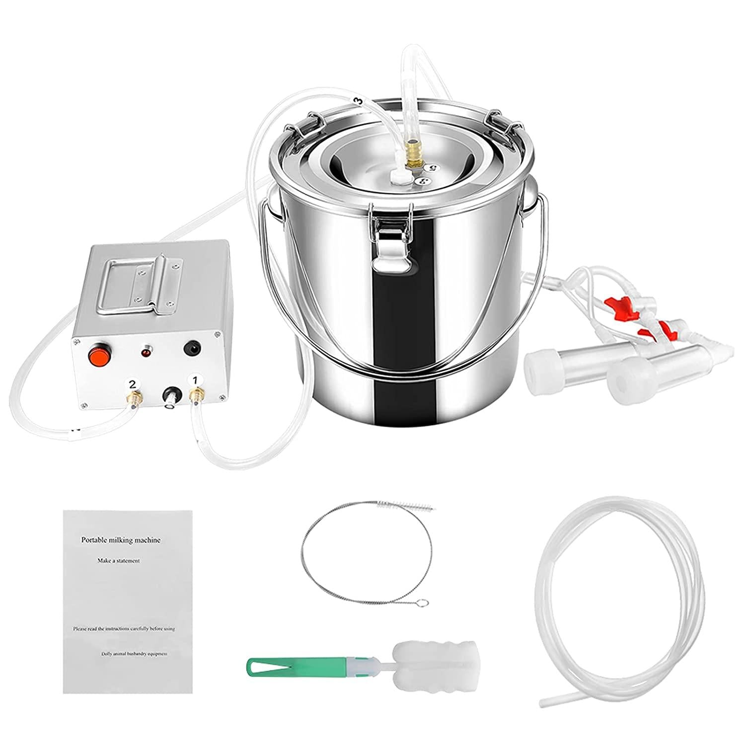 Goat MilMachine Goat Milker Electric MilMachine with 2 Teat Cups Pulsation Vacuum Pump  Steel Bucket 7L for Goat