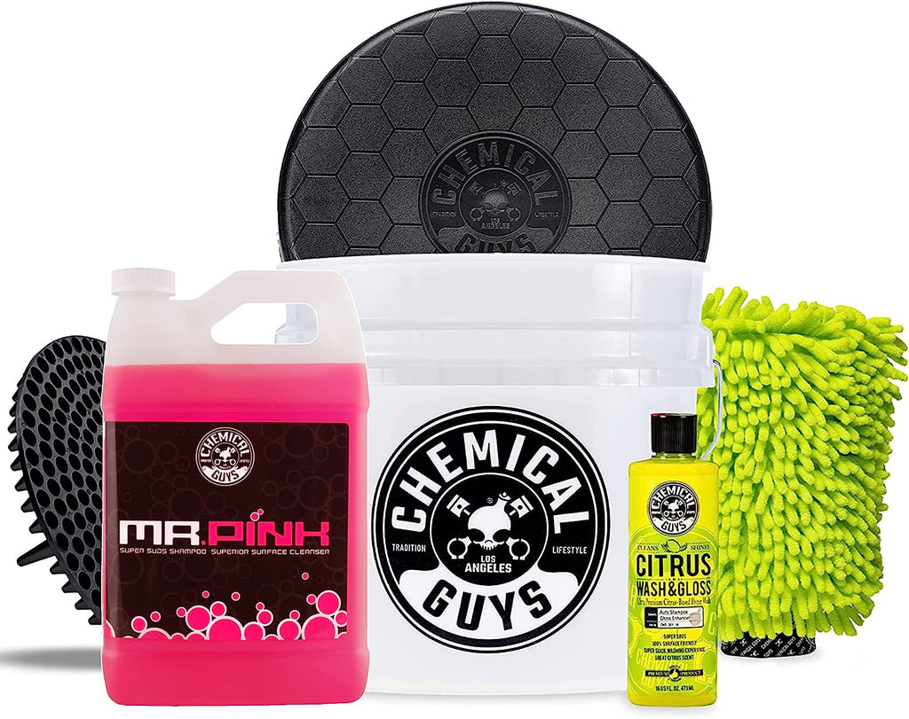 Chemical Guys CWS_402BK Car Wash Detailing Bucket, Mitt &amp; Accessories Bundle (6 Items) Featuring Mr. Pink Foaming Car Wash Soap, 128 fl oz (1 Gal) Works on Cars, Trucks, SUVs, RVs &amp; More