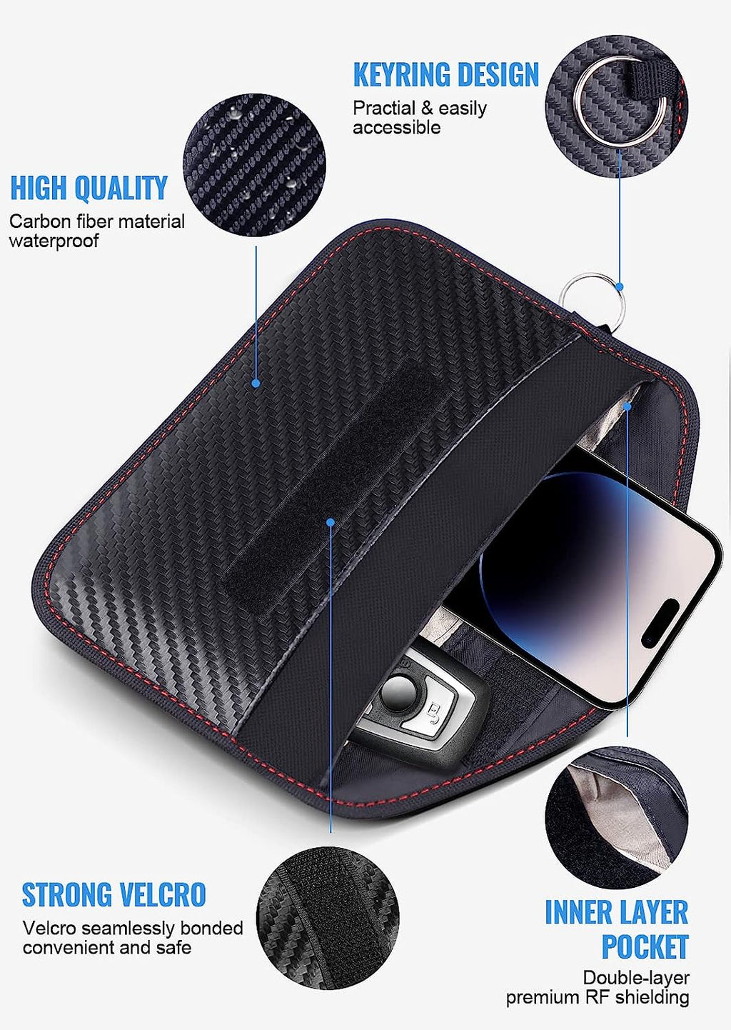LANPARD Faraday Bag for Phones and Car Keys, 2 Pack RFID Signal Blocking Bag, Carbon Fiber Material Shielding Case for Cell Phone Privacy Protection &amp; Key Fob, Anti-Tracking Anti-Hacking Case Blocker