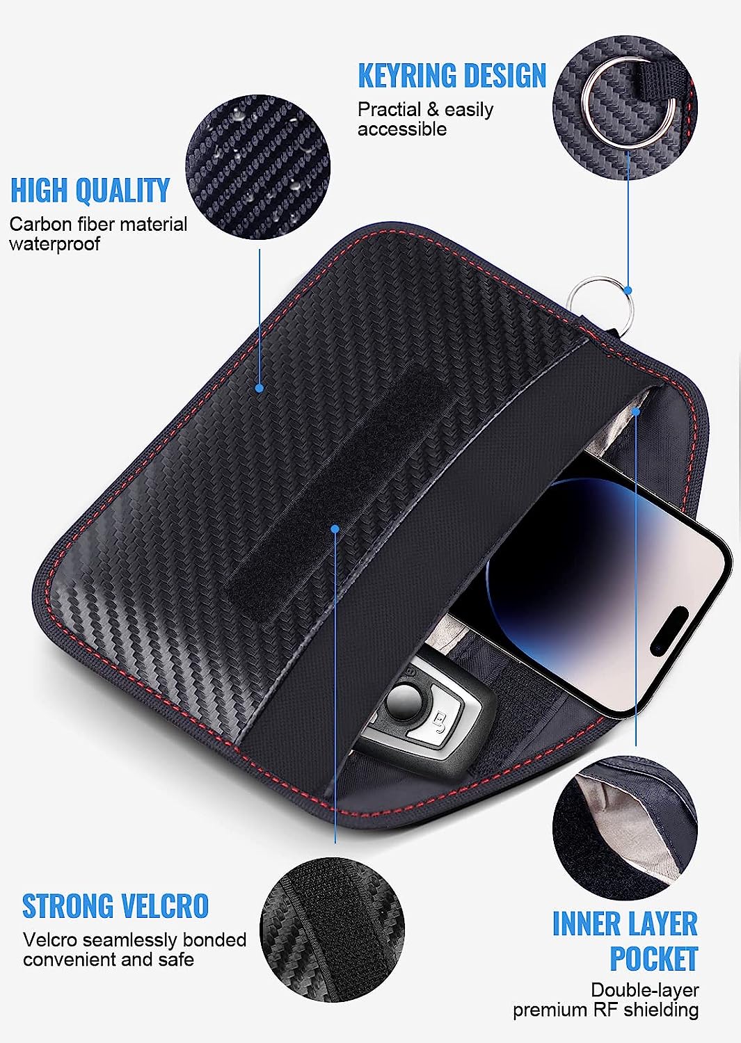 LANPARD Faraday Bag for Phones and Car Keys, 2 Pack RFID Signal Blocking Bag, Carbon Fiber Material Shielding Case for Cell Phone Privacy Protection &amp; Key Fob, Anti-Tracking Anti-Hacking Case Blocker