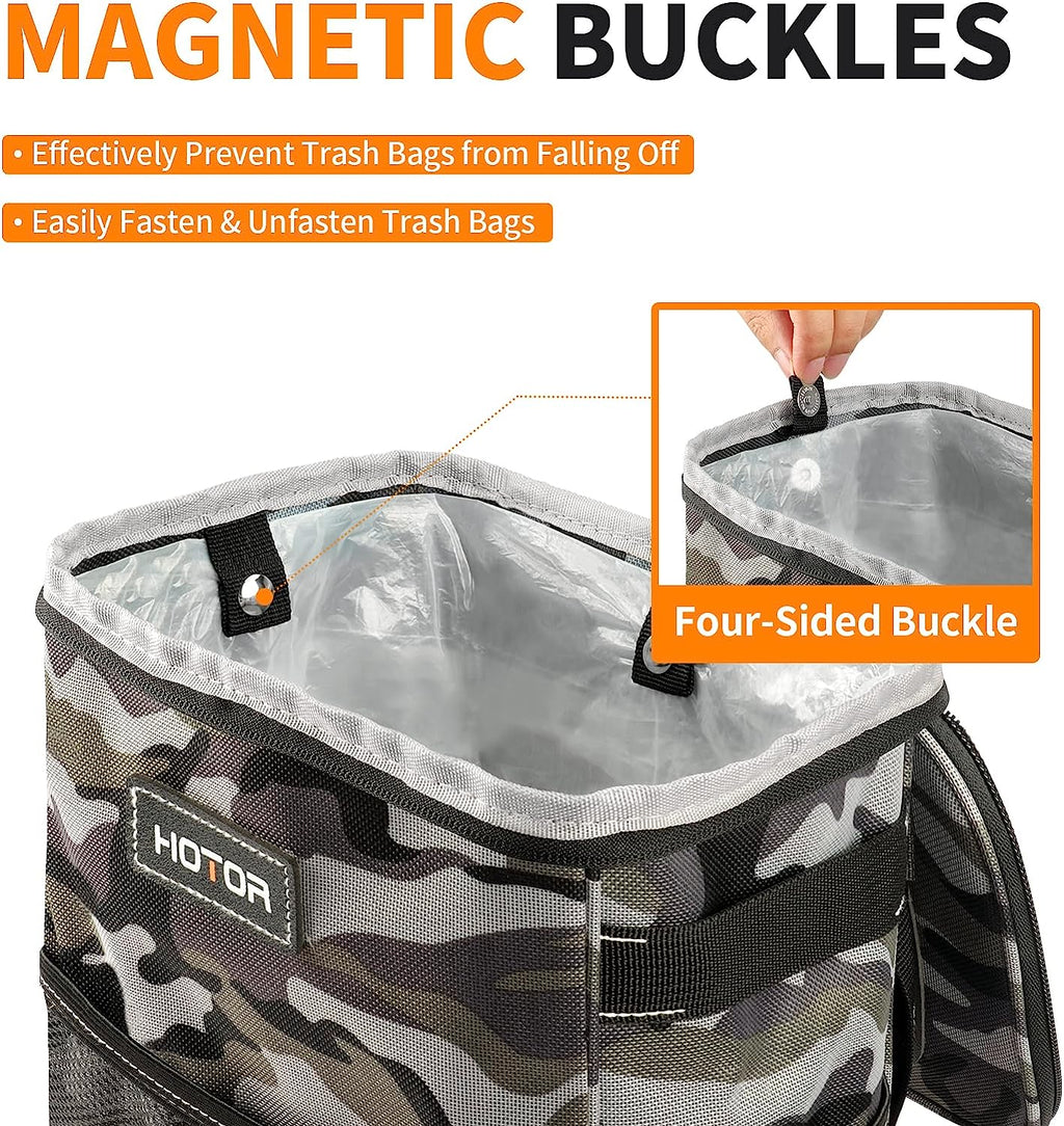 HOTOR Car Trash Can, Multifunctional Car Accessory for Interior Car Stuff Storage with Compact Design, Waterproof Car Organizer and Storage with Adjustable Straps, Magnetic Snaps (Camouflage Grey)